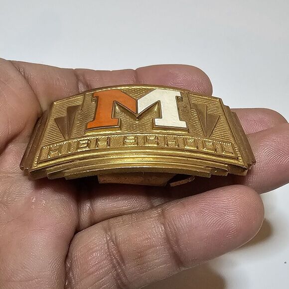 Vintage Invisible Made In The Usa Brass Belt Buckle "M HIGHSCHOOL" Orange White - Picture 2 of 9